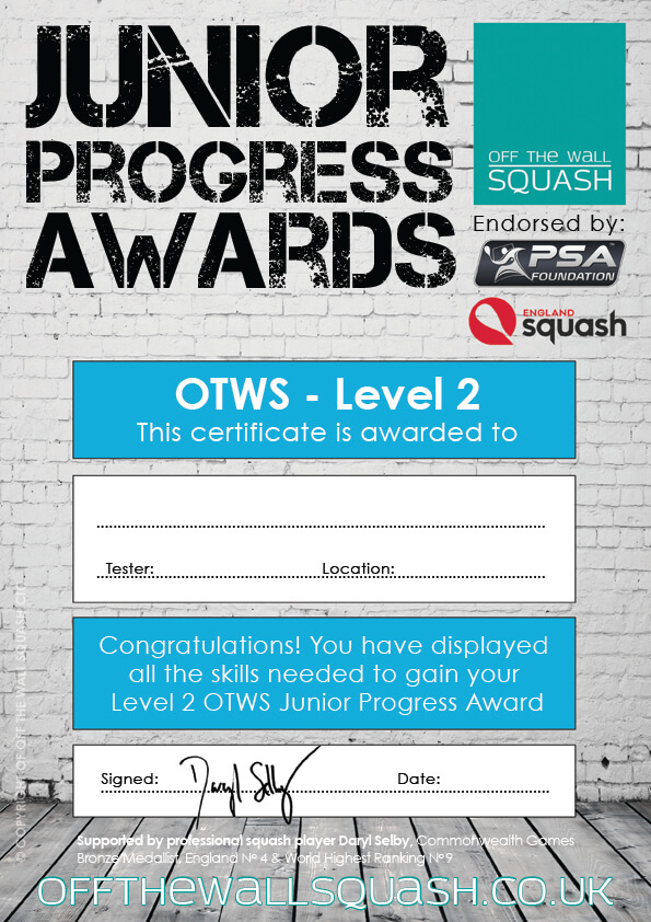 Off The Wall Squash - Junior Progress Awards - Certificates - Coaching Resources