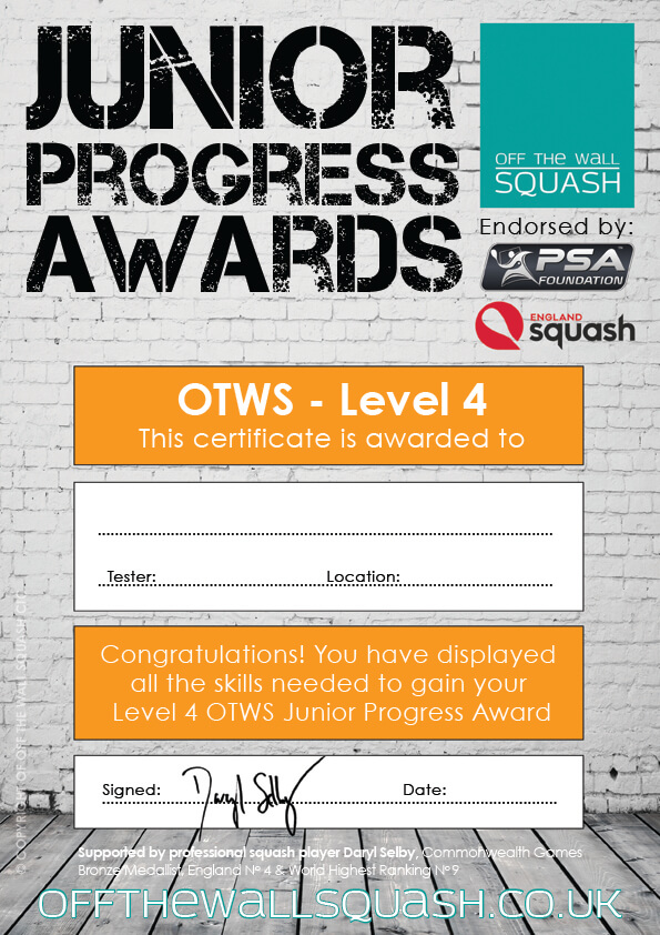 Off The Wall Squash - Junior Progress Awards - Certificates - Coaching Resources